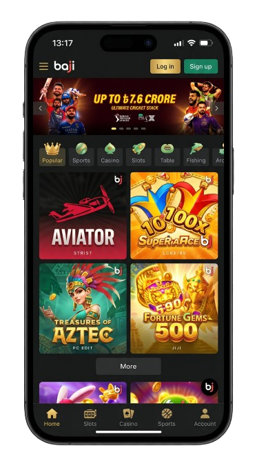 Baji Live mobile app interface on iPhone featuring Aviator and popular slot games for Bangladesh players