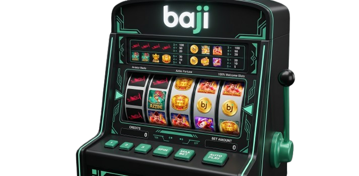Baji style slot machine with emerald green neon accents and popular casino icons