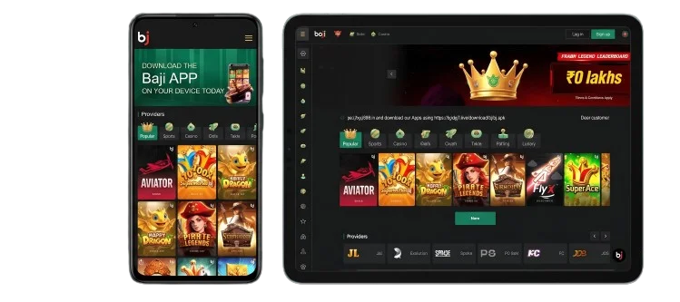 Baji app interface shown on android smartphone and iPad