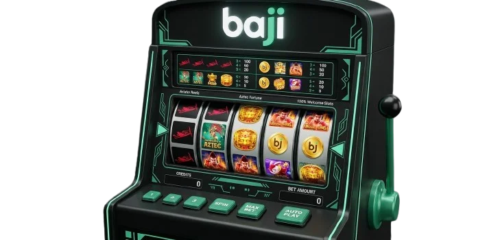 Baji style slot machine with emerald green neon accents and popular casino icons.